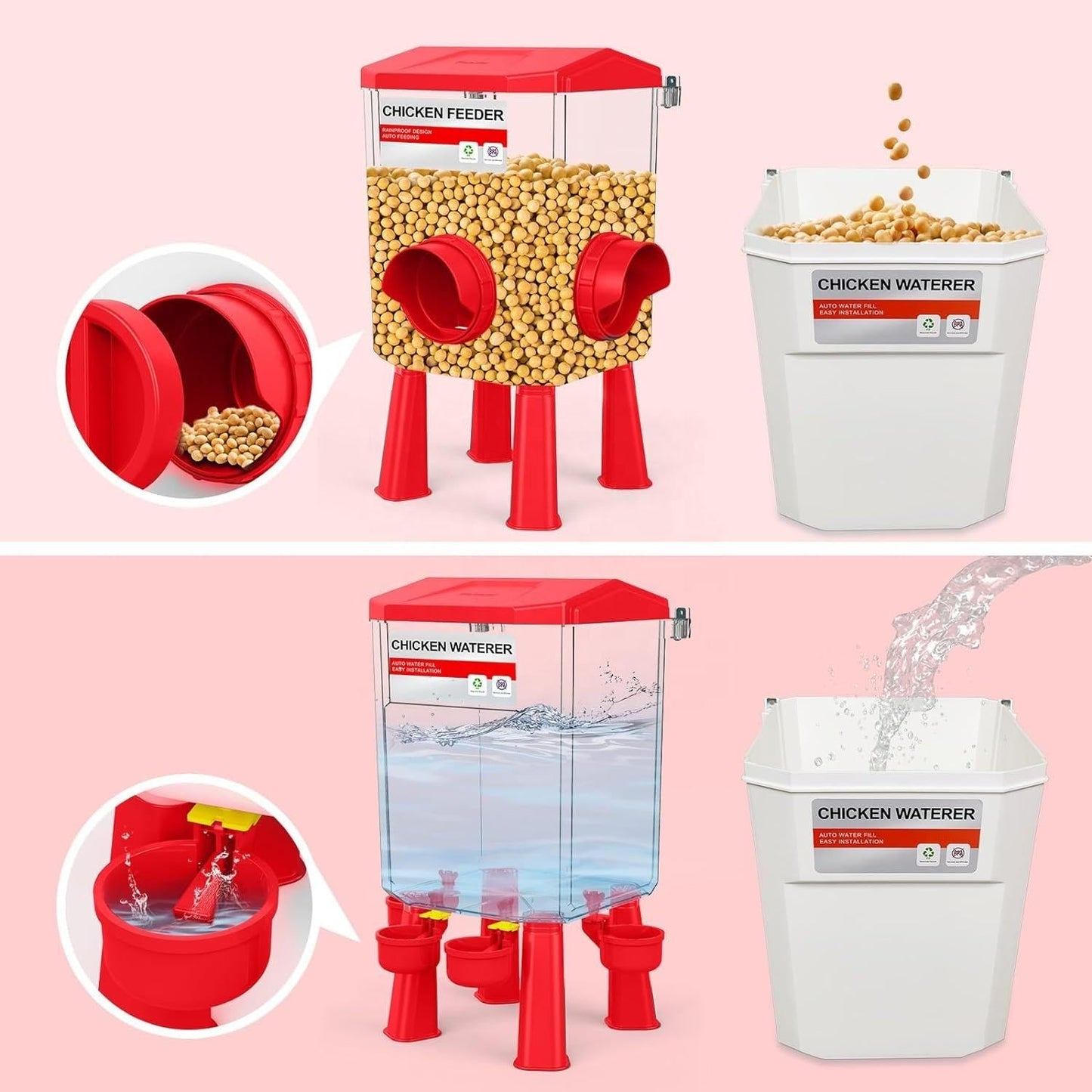 Automatic Chicken Feeder and Waterer Set(4 Buckets/2-3 gallons), 18 Pounds No Waste, Rain Proof Poultry Feeder, Avoid Small Animals, Suitable for Chicken, Duck, Turkey(Red Color)