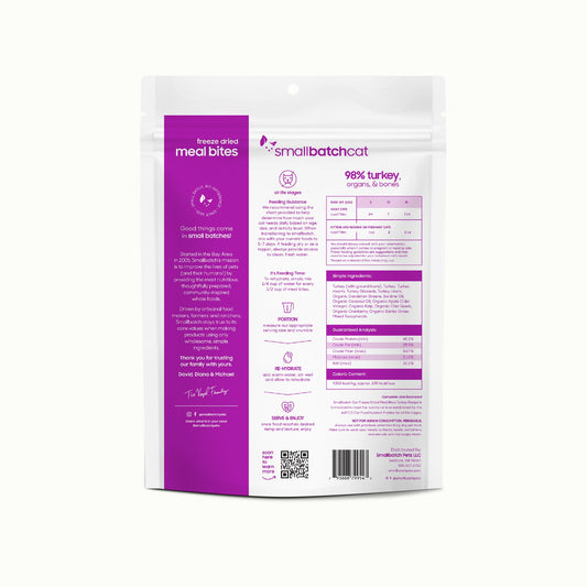 smallbatch Freeze-Dried Raw Cat Food, Shelf Stable Food Bites, Turkey Recipe, High Protein Meal or Topper for Cats, Humanely Raised Meat, Organic, Non-GMO Produce, Made in The USA, 10oz Bag