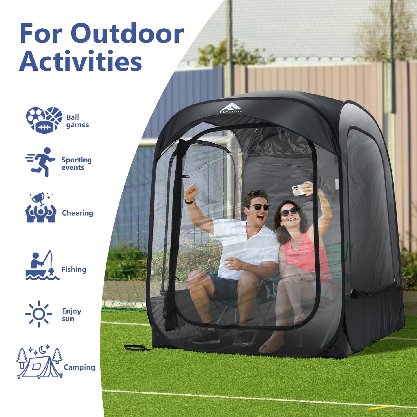 Sports Tent: Flycoop Portable Weather Pop Up Pod 2-4 Person to Provide Shelter from Wind Rain and Cold Weather Shelter for Outdoor Activities, Sports Events, Camping and Hiking (Black,L)