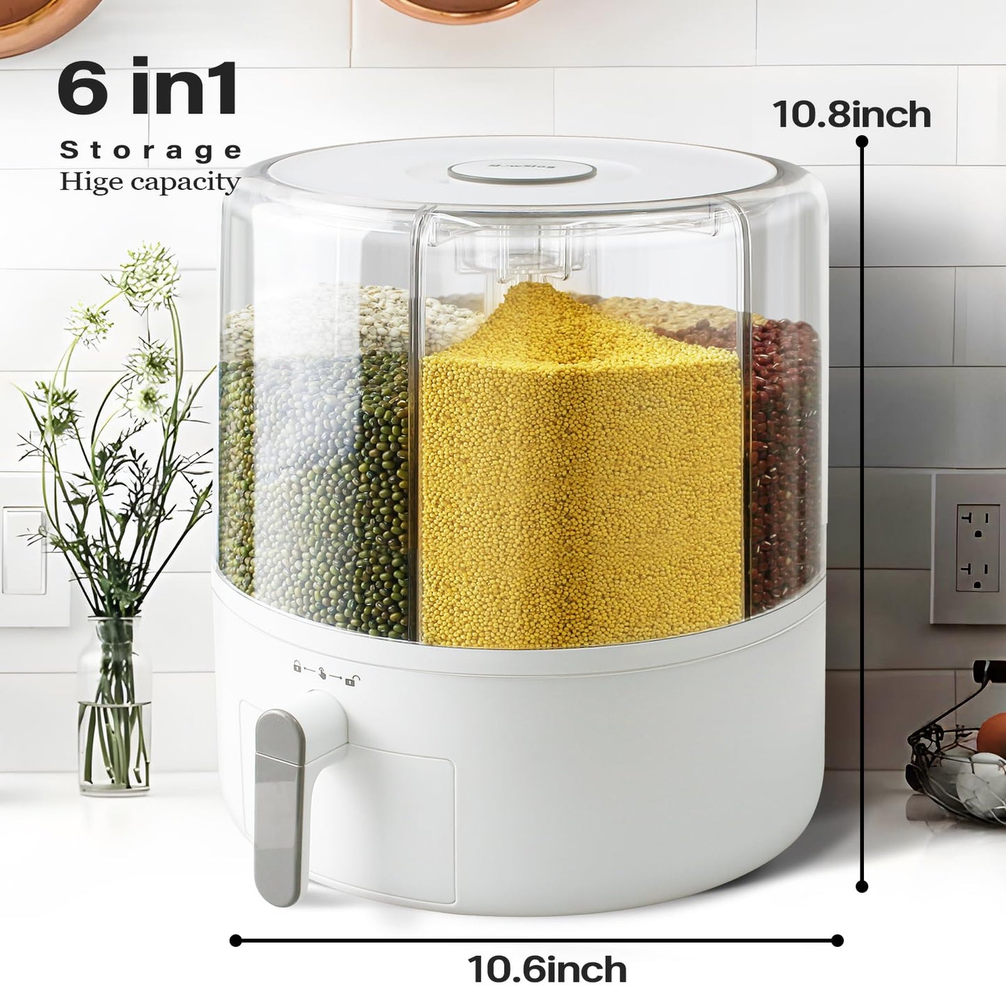 Slow Slog 16lb Grain Dispenser 6 Grid Grain Container, 360° Rotating Dry Food Dispenser, Airtight Storage, Upgrade 6 Compartment Rotating Grain Dispenser Storage Container