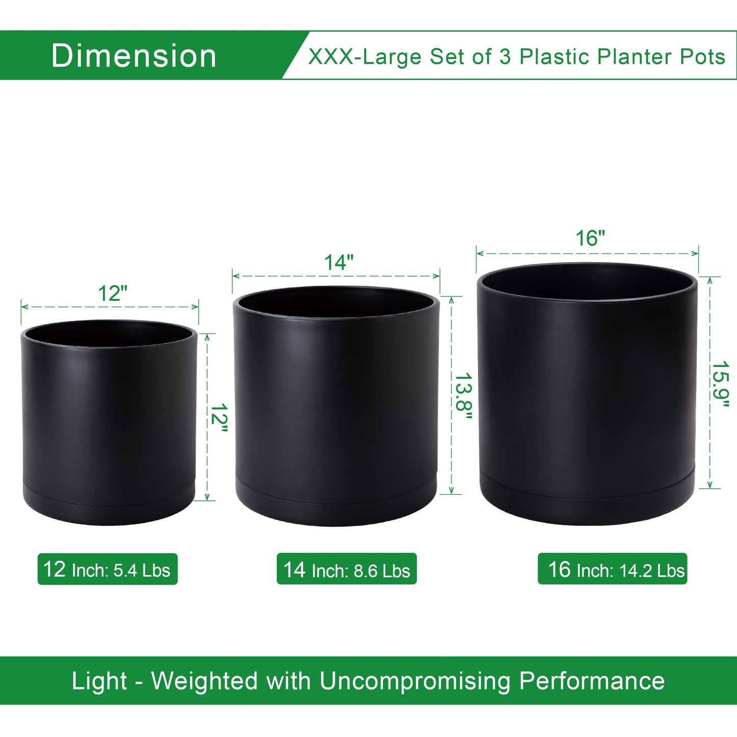 D'vine Dev 12 Inch 14 Inch 16 Inch, Set of 3 Plastic Planter Pots for Plants with Drainage Hole and Seamless Saucers, Black Color, XXX-Large, 74-V-B-7