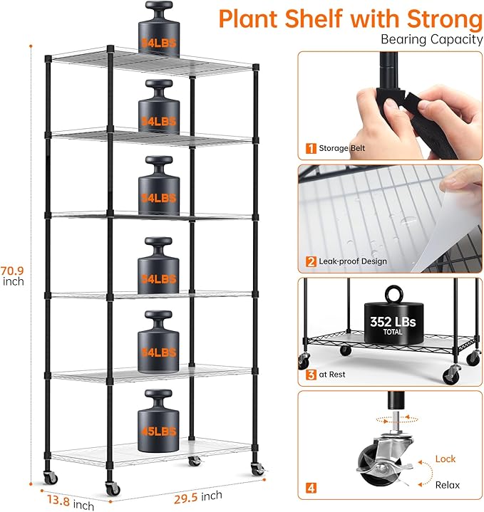 Bstrip Plant Shelf with Grow Light, Metal Plant Stand with Adjustable Rack and Wheels, 5 Pack 24W Full Spectrum Grow Light Strip for Indoor Plants, Seed Starting, Seed Tray, 29.5"x13.8"x71"