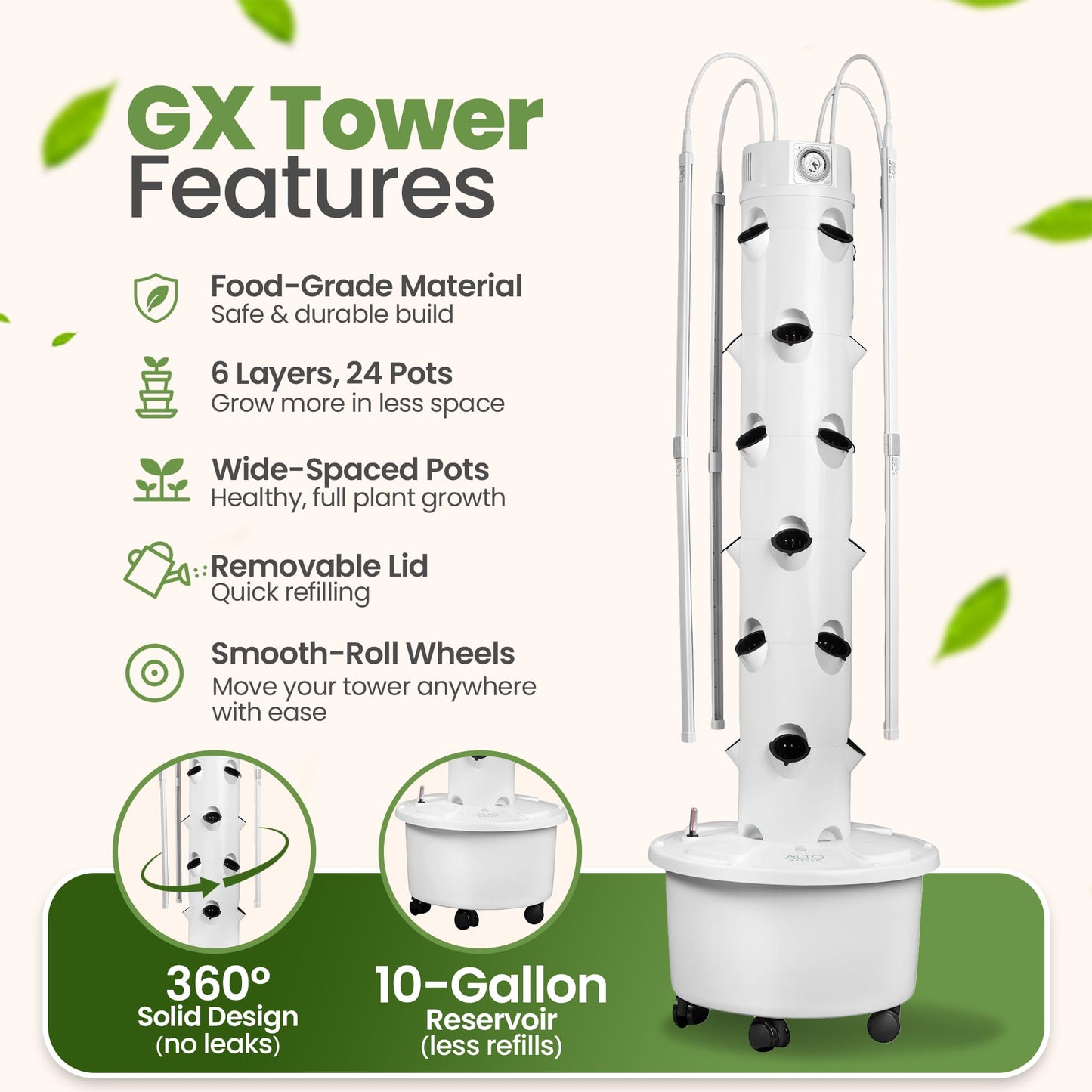 ALTO GARDEN GX Hydroponic Tower | Vertical Planter Tower | Hydroponics Growing System Kit | Food Grade with 24 Net Pots (with LED Grow Lights)