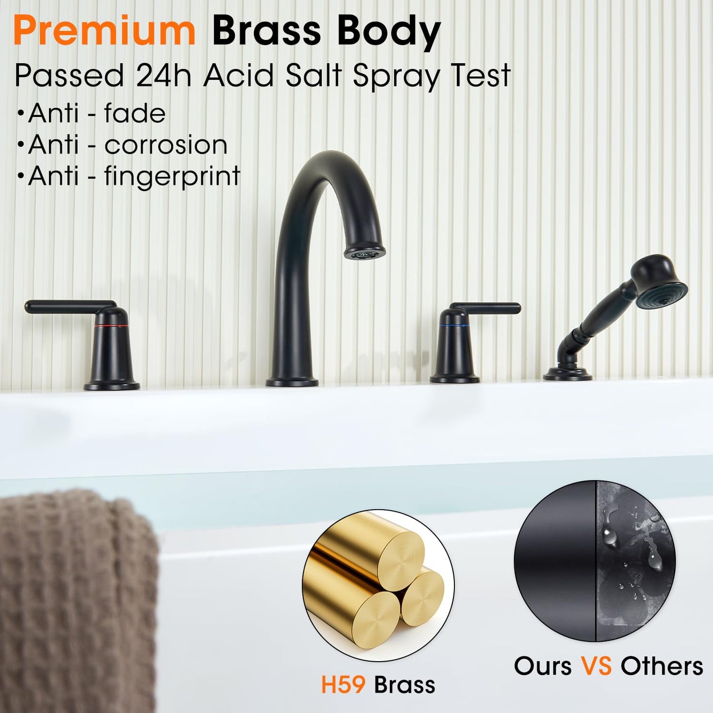 Wintap Bathtub Faucet Trim Kit with Hand Shower and Rough-in Valve Deck Mount 4 Hole High Flow Classic High Arch Tub Faucets Black, WT-9808BK