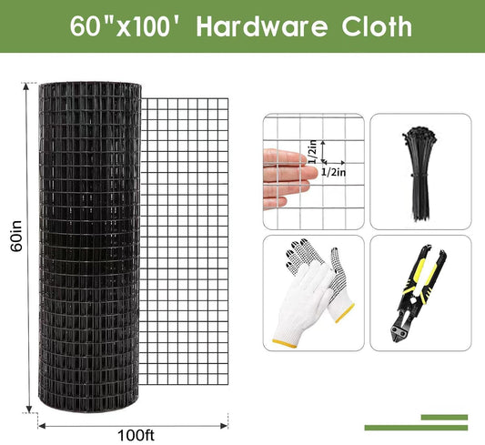 Tongmo Black Hardware Cloth, 1/2 inch 60'' x 100'Chicken Wire Fence, 19 Gauge Vinyl Coated Welded Cage Wire Mesh Roll Supports Poultry Netting Cage Garden Fence