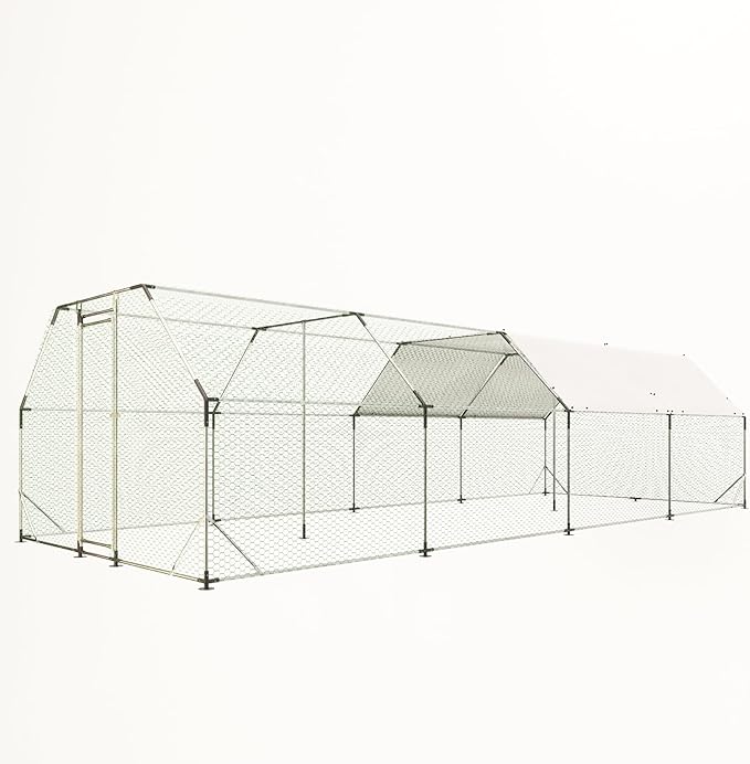Large Metal Chicken Coop,9.94x25.68x6.36 ft Walk-in Chicken Runs for Yard with Waterproof Cover, Flat Shaped Chicken House with Door for Outdoor and Backyard, Farm,Duck Rabbit Cage