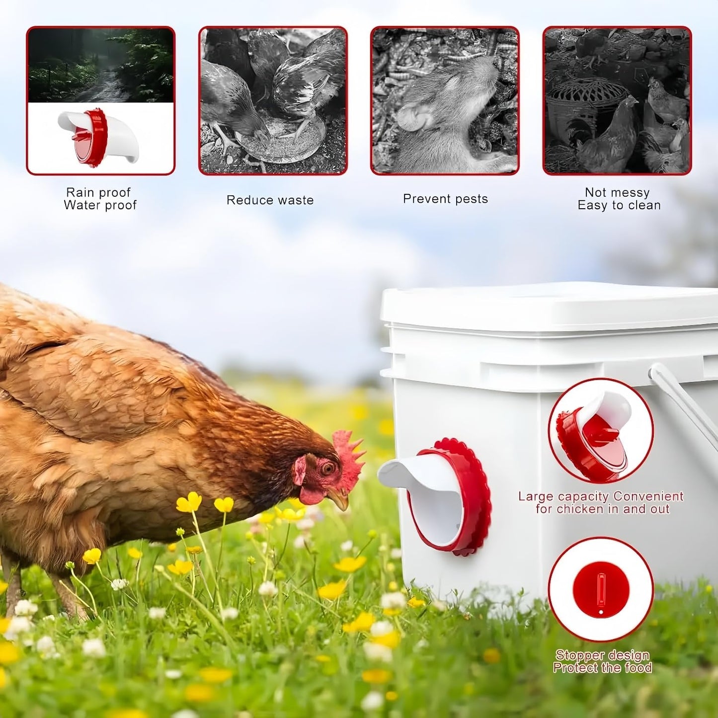 DIY No Waste Automatic Poultry Chicken Feeder Port 10 Ports 1 Hole Saw with Covers Feed Kit,Rain Proof Chicken/Plastic Poultry Feeder Kit for Buckets Barrels Bins Troughs