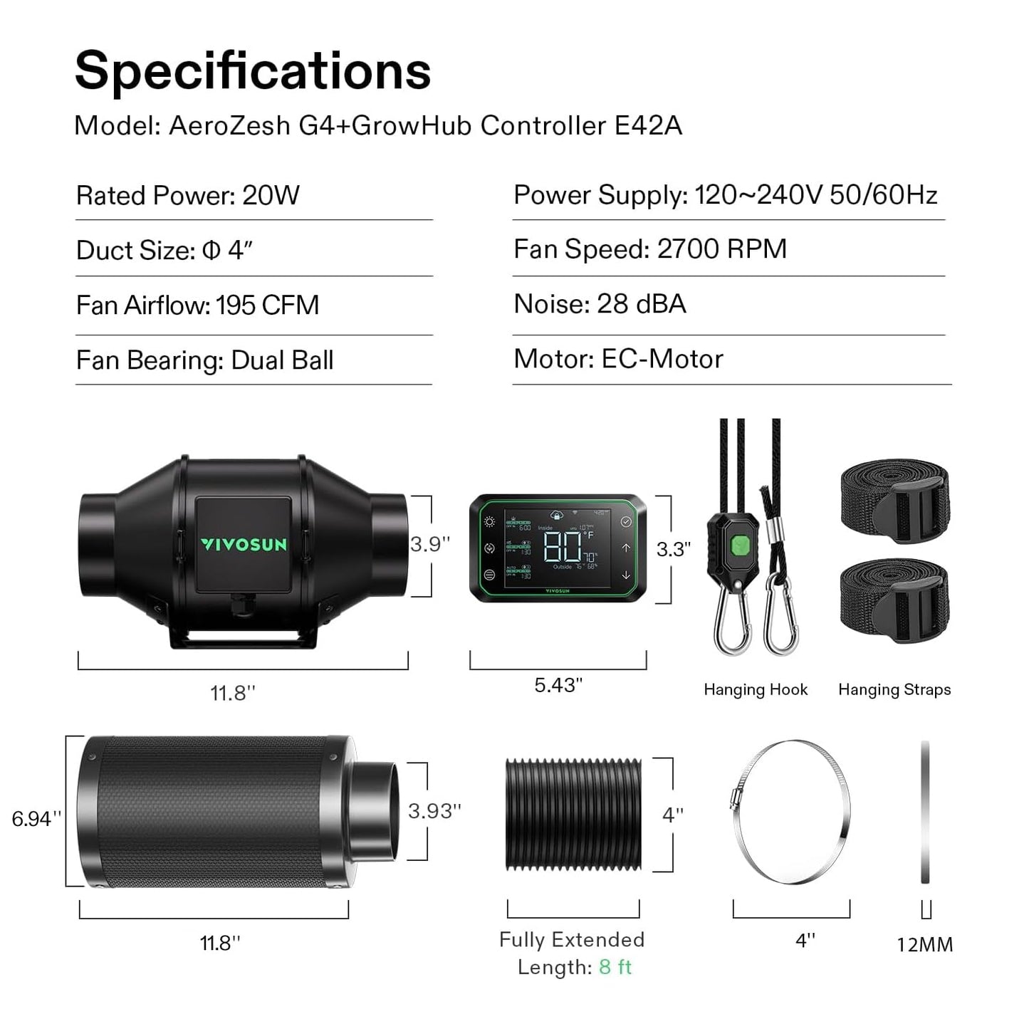 VIVOSUN Smart Air Filtration PRO G4 Kit 4", AeroZesh G4 Inline Duct Fan w/GrowHub E42A Temp. Humidity WiFi-Controller, Carbon Filter & Ducting, Cooling & Ventilation System for Grow Tent, Hydroponics