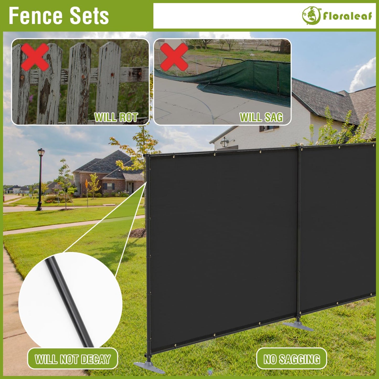 FLORALEAF 6'x24' Outdoor Privacy Fence with Iron Poles Rails Dog Fence for Garden Patio Backyard Yard Temporary Safety Barrier Chicken Metal Fence with Spikes, Black