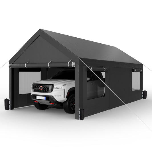 Shintenchi Carport 10' x 20' Heavy Duty Portable Garage, Carport Canopy with Side-Opening Door & Roll-Up Windows, Car Canopy for Truck,Car,Boat,Grey