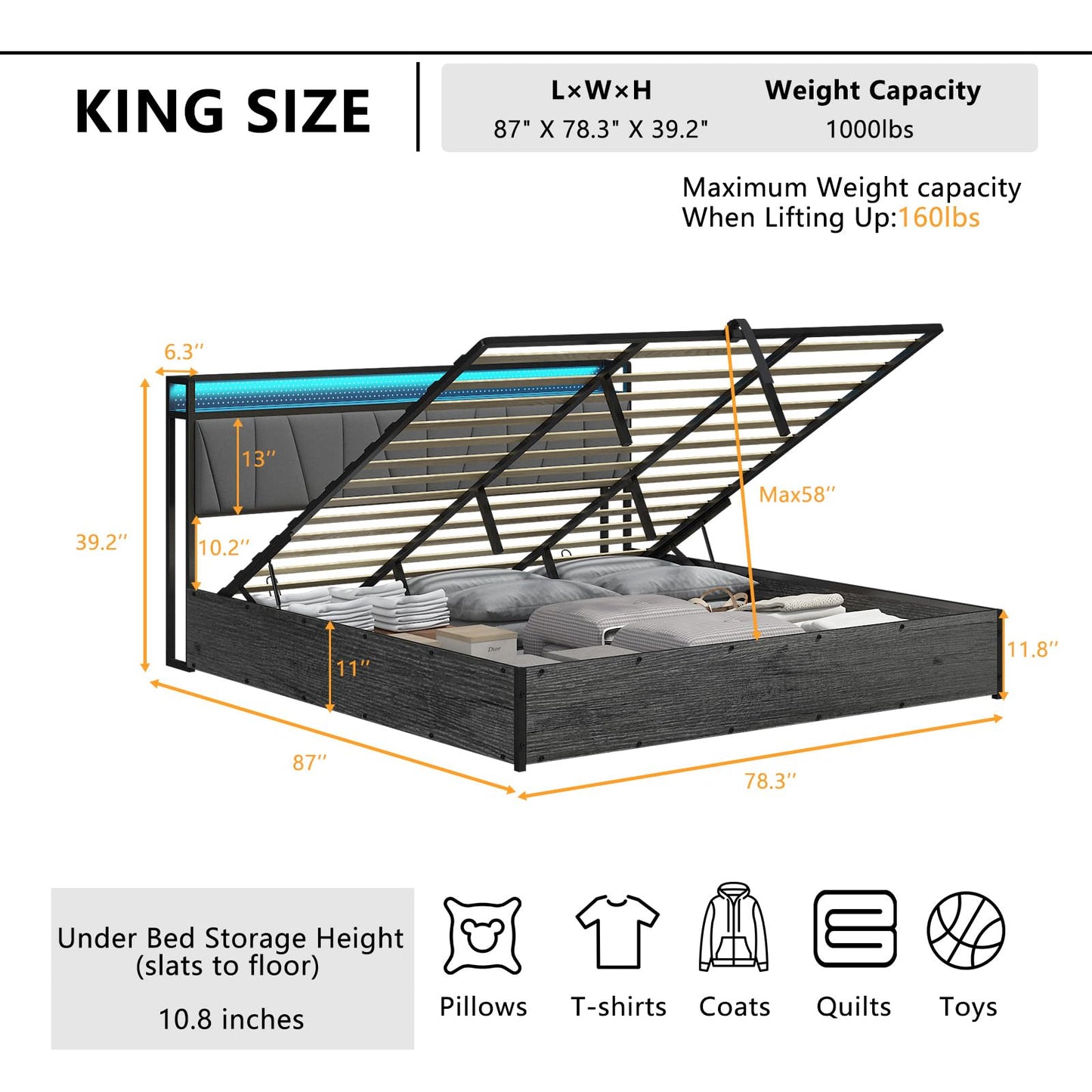 LUXOAK King Size Lift Up Storage Bed Frame with LED Lights, Linen Upholstered Headboard with Charging Station, Wooden LED Light Platform Bed Frame, No Spring Box Needed, Rustic Grey