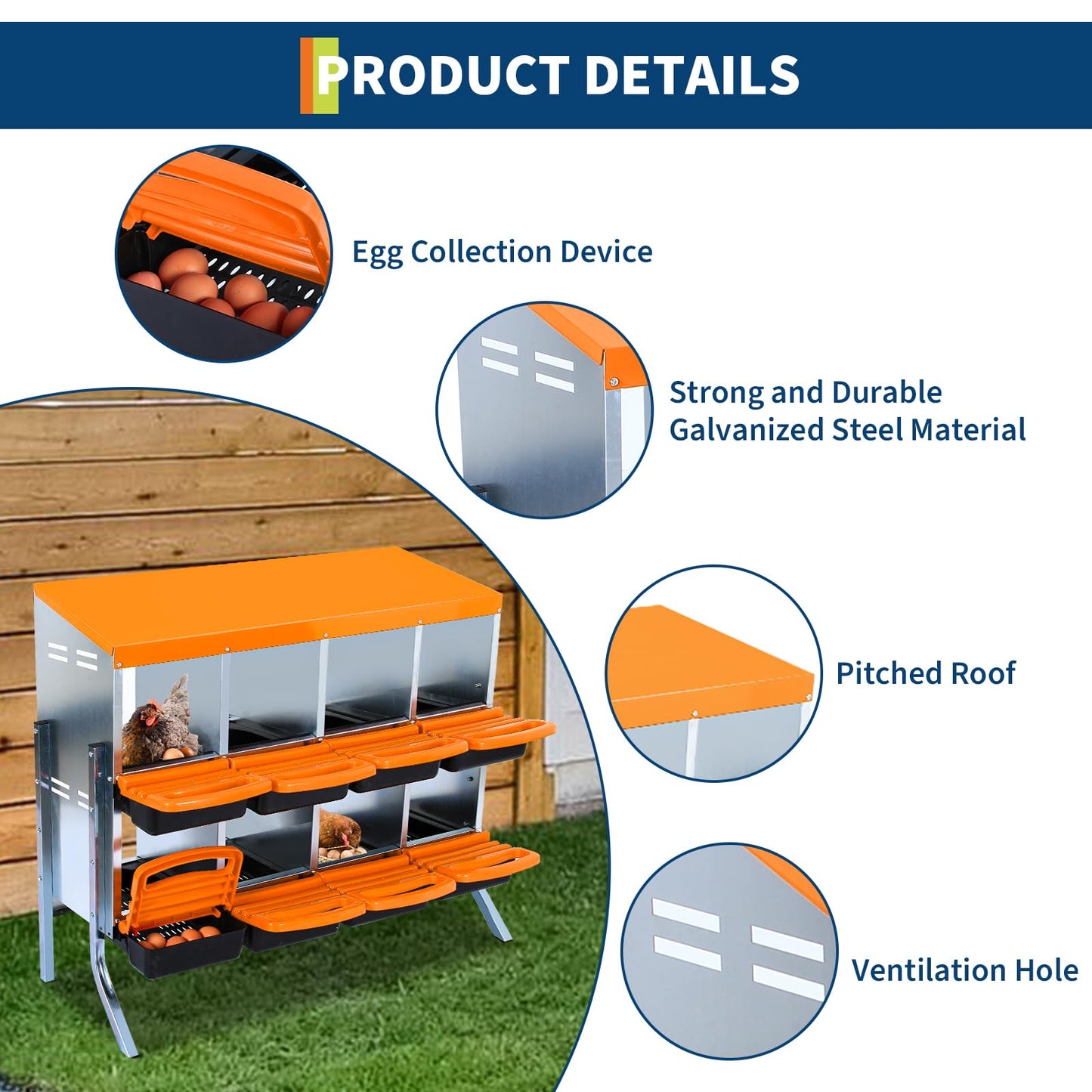 Chicken Nesting Box,8 Hole Roll Away Nesting Box for Laying Eggs,Wall Mount Chicken Nesting Boxes,Easy Egg Collection,Cleanable Pull Out Hen Roosting Boxes