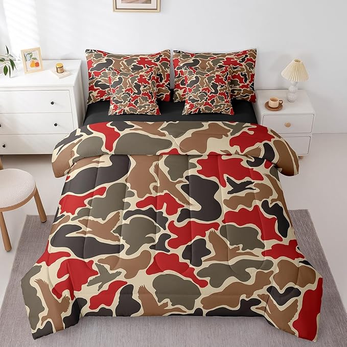 Feelyou Duck Hunter Red Camouflage Hunting 7 Pieces Bedding Set, Twin Size Black Brown All Season,Bed in a Bag with Comforter, Sheets, Pillowcases for Boys Camo Army Bed Set Breathable Wild Room Decor