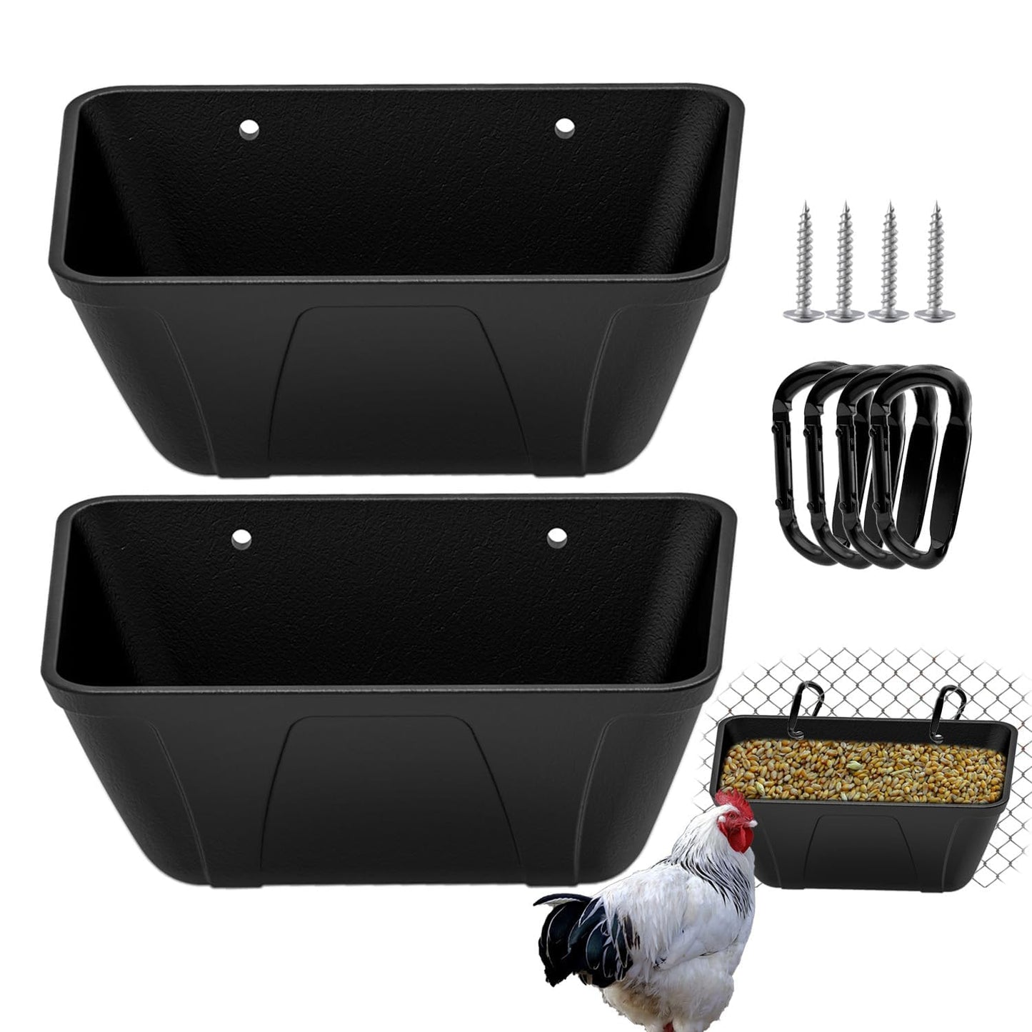 ATKSKYO Hanging Fence Feeder for Chicken, Duck, Goat, Pig Poultry Feed Trough Chicken Feeder Bucket Feeding Container for Livestock (Black)
