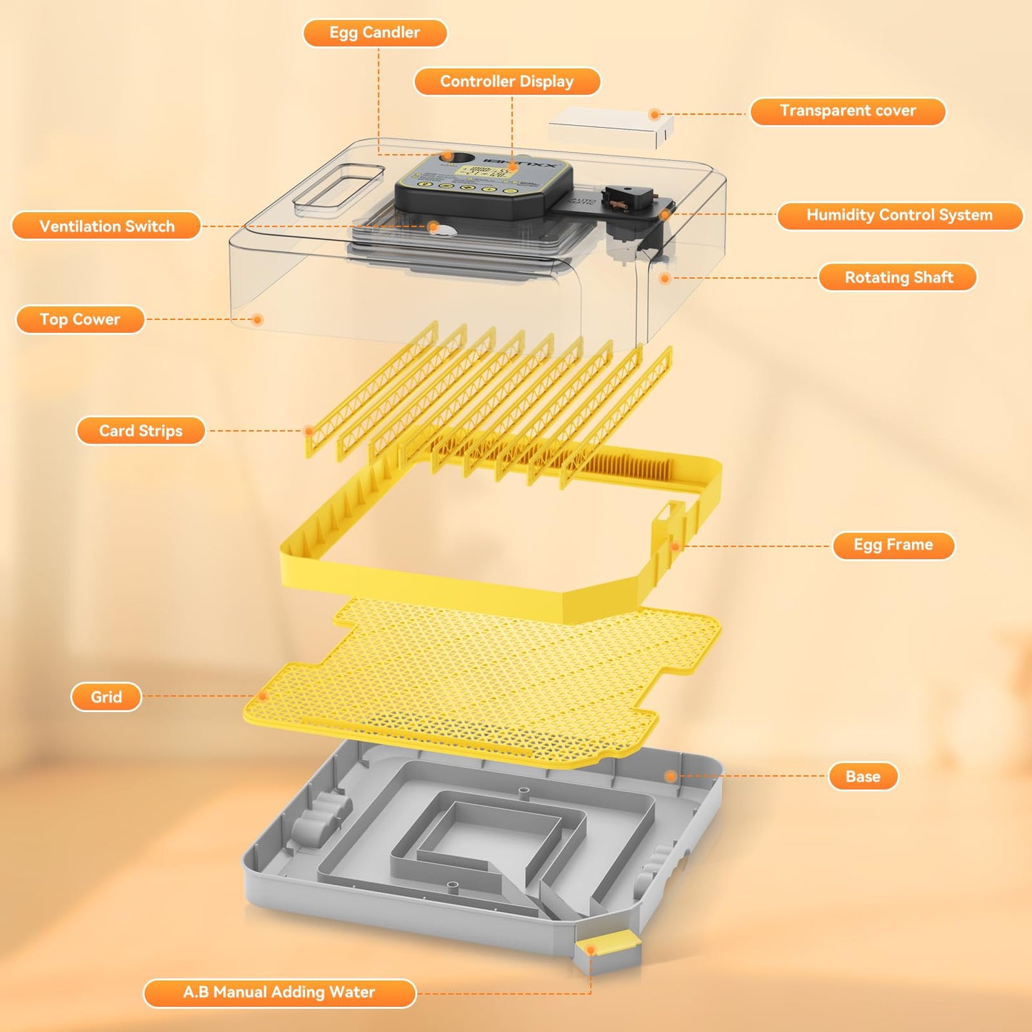 IBKINXX Incubator for Hatching Eggs-48 Egg Capacity, Auto Egg Turner & New Auto Precision Humidity Control System, 360° Clear Viewing for Chicken, Duck and Quail Eggs