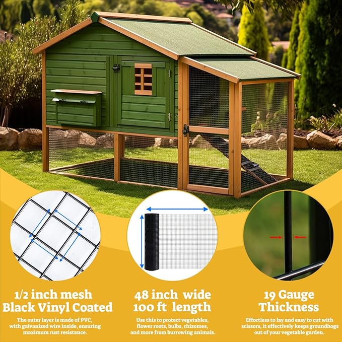 HORCH Black Hardware Cloth 1/2 inch 48x100 19-Gauge, Vinyl Coated Wire Mesh Roll, Chicken Wire Mesh, Tree Guard, Gopher Wire, Rodent Mesh, Chicken Wire Fencing, Garden Fence