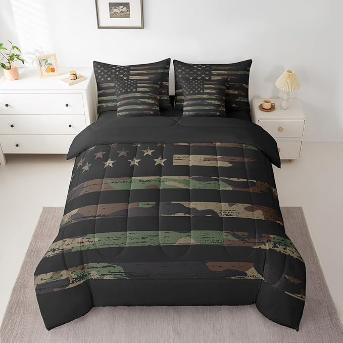 Feelyou American Flag Bedding Bed Set Set Full Size Green Brown Camouflage 7 Pieces Bedding Set, Boys Girls Decor Camo Stripes All Season,Bed in a Bag with Comforter, Sheets, Pillowcases Abstract