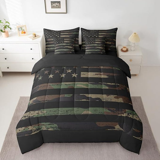 Feelyou American Flag Bedding Bed Set Set Twin Size Green Brown Camouflage 7 Pieces Bedding Set, Boys Girls Decor Camo Stripes All Season,Bed in a Bag with Comforter, Sheets, Pillowcases Abstract