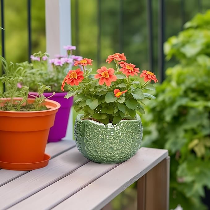 6 Inch Plant Pot - Orchid Pot with Drainage Hole, Ceramic Planter for Indoor Outdoor, Decorative Plant Pots, Modern Round Unique Flower Pots, Living Room Decor, Gifts for Women Men, Green