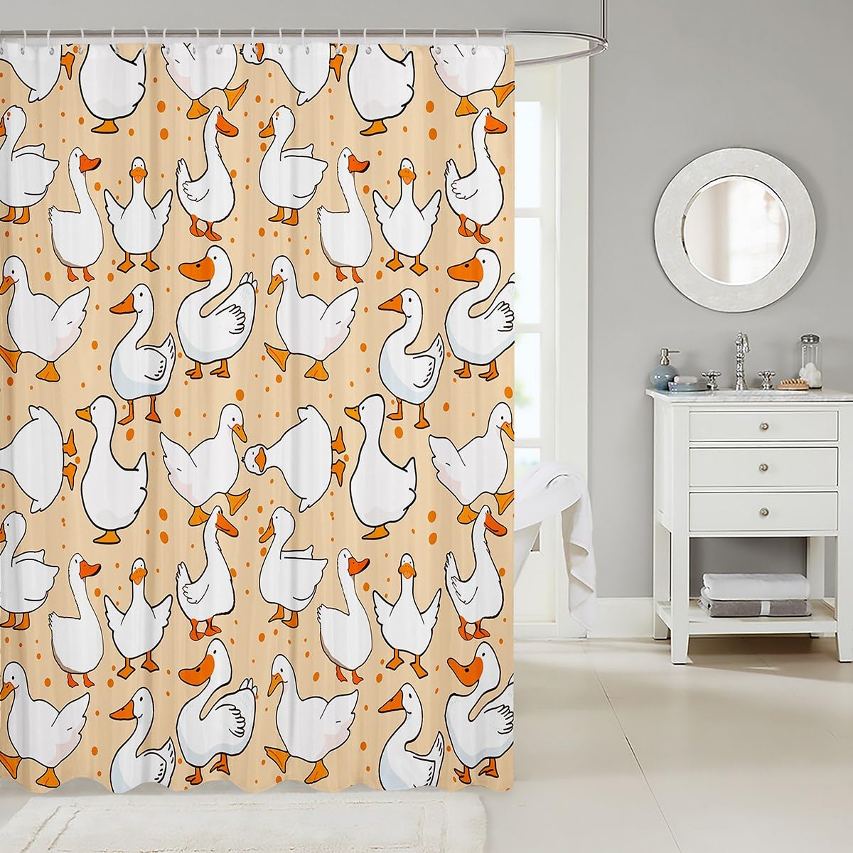 Homewish Cute Goose Shower Curtains,Cartoon Farmhouse Livestock Animal Bath Curtain,Kawaii Duck Hand Drawn Orange Waterproof Fabric Curtain with Hooks Bathroom Decor, 72Wx72L inch