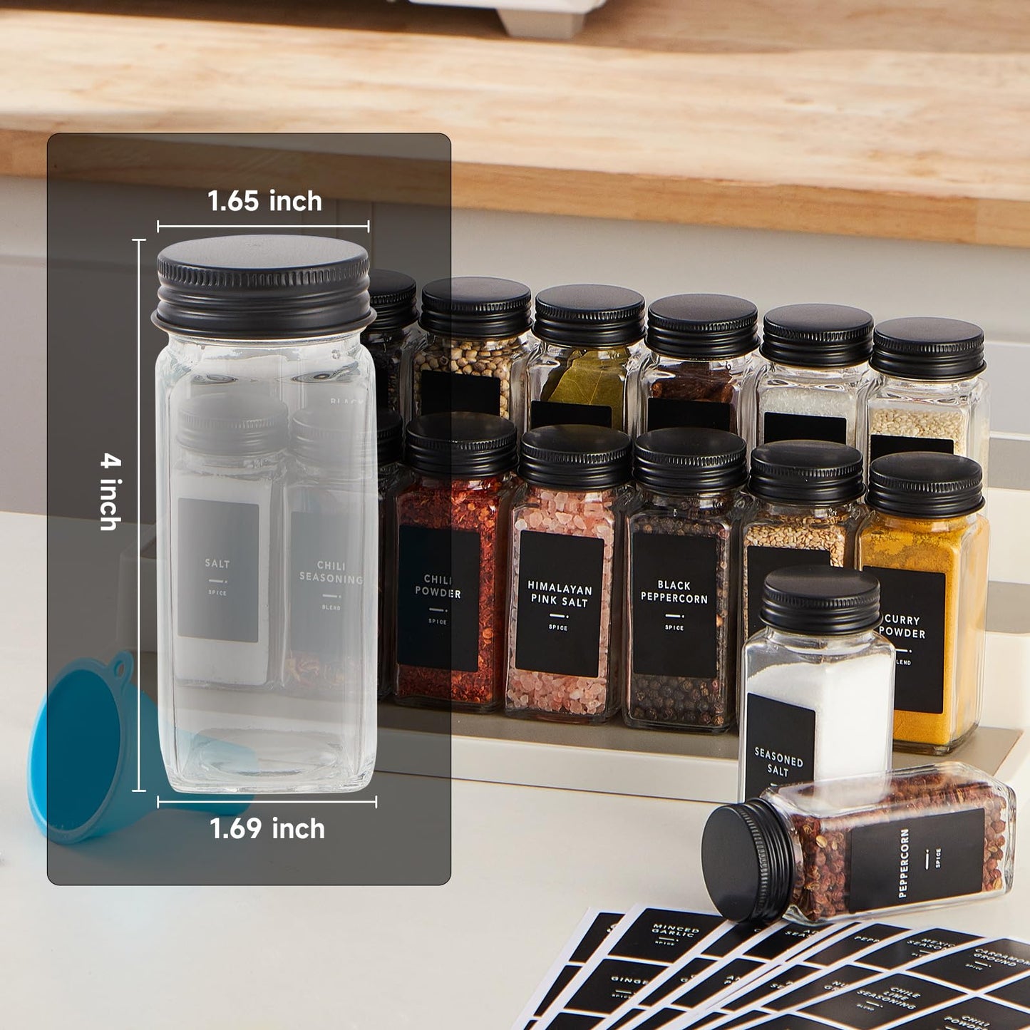 Skiileor 36 Pcs Spice Jars with Label- Glass Spice Jars with Black Metal Caps,Shaker Lids, Funnel, Chalk Pen, Brush,Cleaning Cloth 4oz Seasoning Containers Bottles for Spice Rack, Cabinet, Drawer