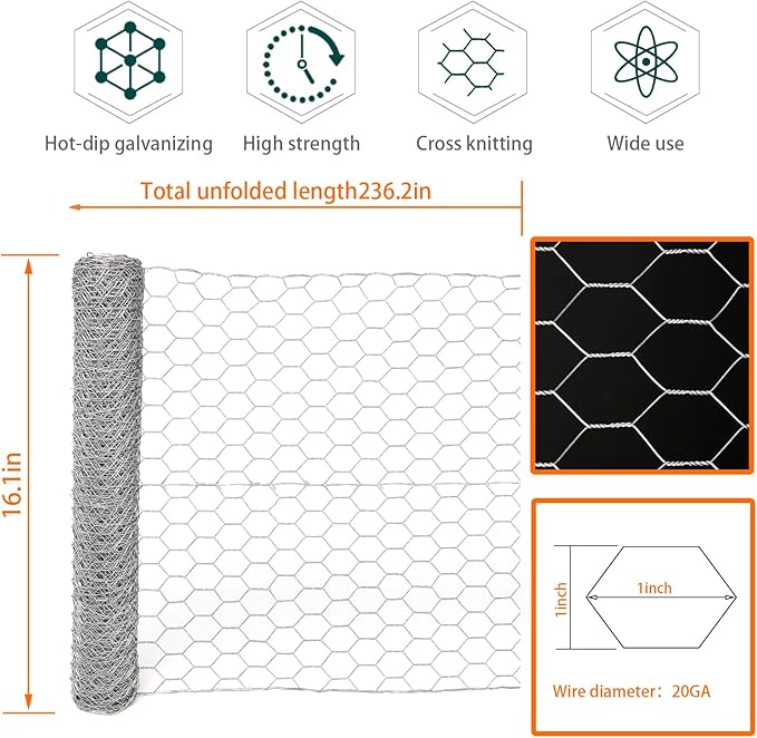 20GA Chicken Wire 16.1in x 236.2in, Upgrade Hexagonal Galvanized Mesh, Poultry Wire Netting Barrier Pet,Rabbit,Chicken Wire Fencing, Floral Chicken Wire