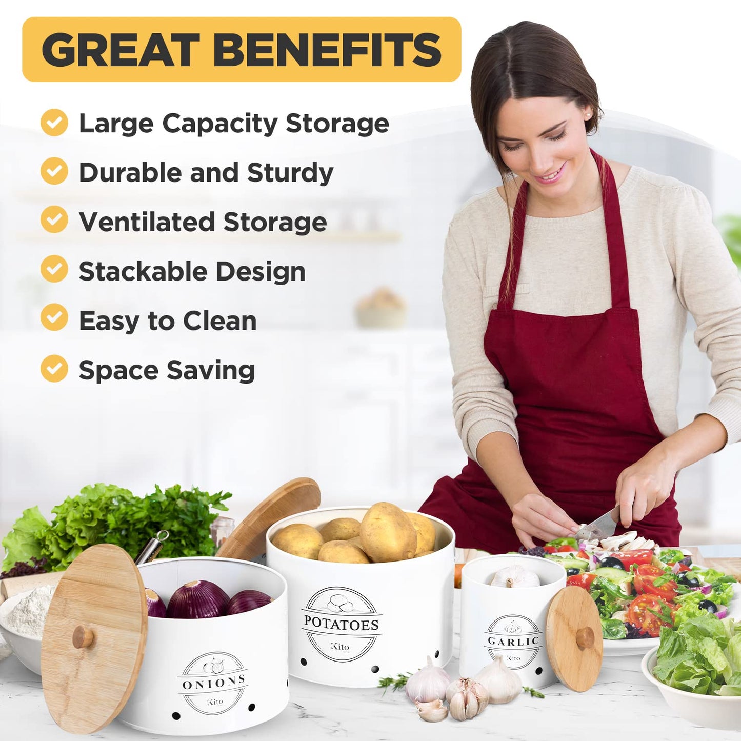 Kito LIVING Canister Sets for Kitchen Counter with Wooden Bamboo Lids, Kitchen Canisters for Countertop, Stackable Steel Farmhouse Canisters for Potato Storage, Onion and Potato Storage Bins - White