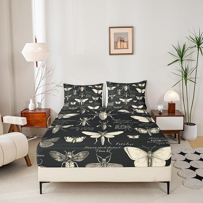 Butterfly Moth Insects Fitted Sheet Queen Size,Bug Beetles Entomological Bed Sheet for Kids Boys Teens Men Bedroom Decor,Nature Animal Bedding Set Retro Black Brown Deep Pocket Sheet,2 Pillowcases