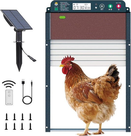 Automatic Chicken Coop Door Solar Powered with Timer&Light Sensor&Manual&Remote, Roller Chicken Door Opener, Anti Pinch,Large Poultry Aluminum Alloy Run Chicken Door with Battery