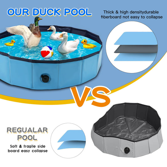 HOSASSPER Foldable Drainable Duck Pond Pool for Real Pet Ducks, Blue Hard Plastic Folding Small Swimming Pool with Drain Plug for Cat Dog for Indoor and Outdoor