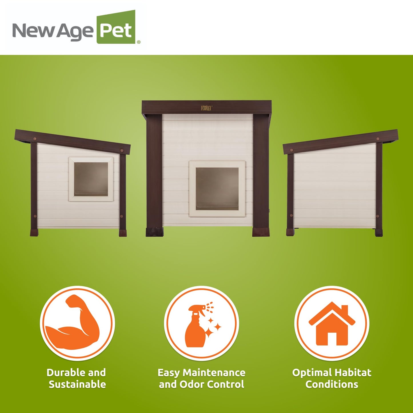 New Age Pet ECOFLEX Outdoor Cat House - Durable, Ventilated, Dual Entry, Easy Assembly, Elevated Floor, Heated Pad Compatible, 10-Year Warranty, for Multiple Cats, Maple/Brown