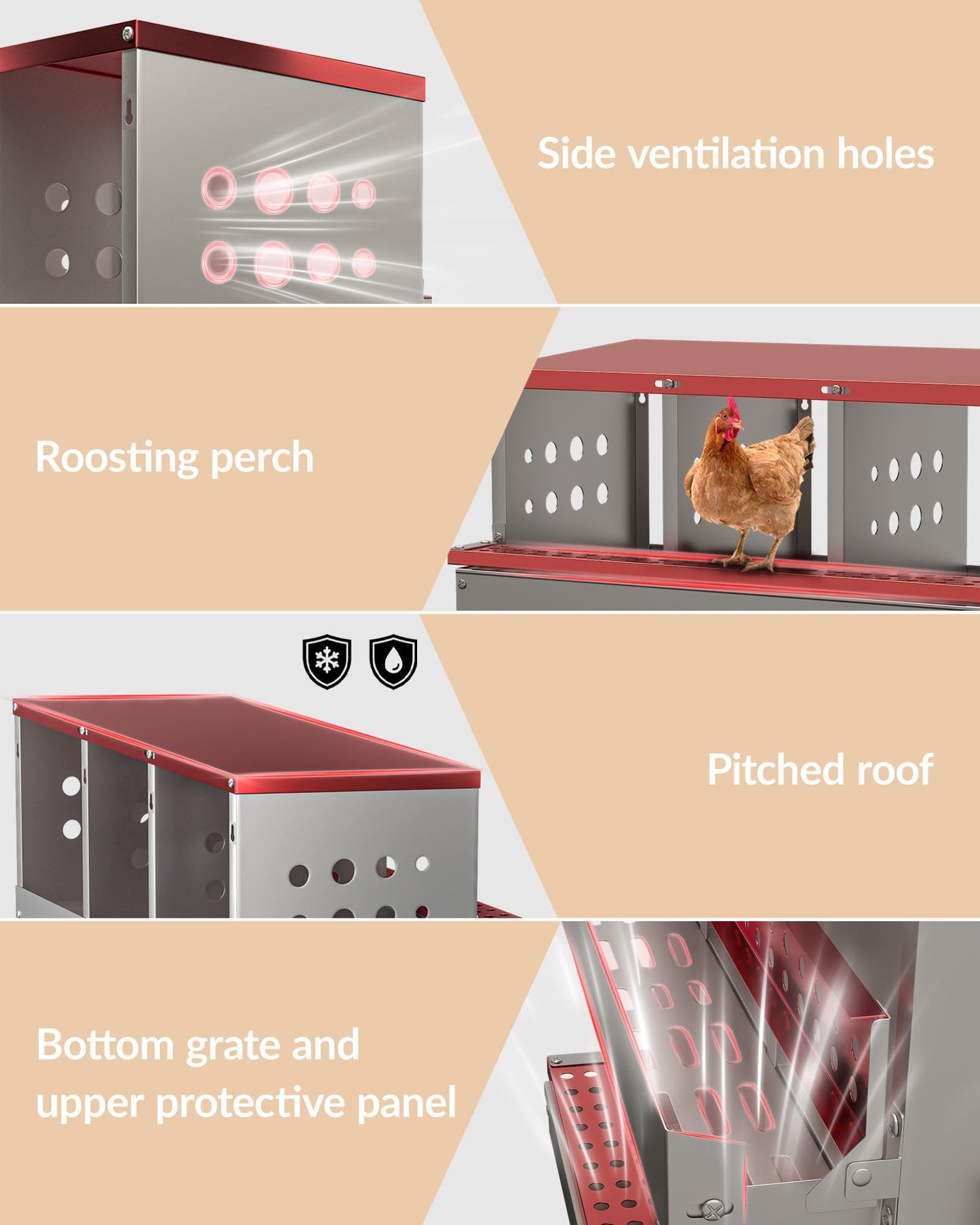 GarveeLife Metal Chicken Nesting Box for Laying Eggs, Rustproof Wall-mountable Roll Away Chicken Laying Boxes for Hens, Waterproof, Ventilated with Perch, 6 Compartments with Legs, Red