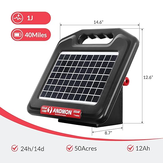 S1000 1 Joule Solar Fence Charger, 40 Miles Solar Electric Fence Charger for Livestock, Horses, Cattle Sheep, Portable and Super Tough