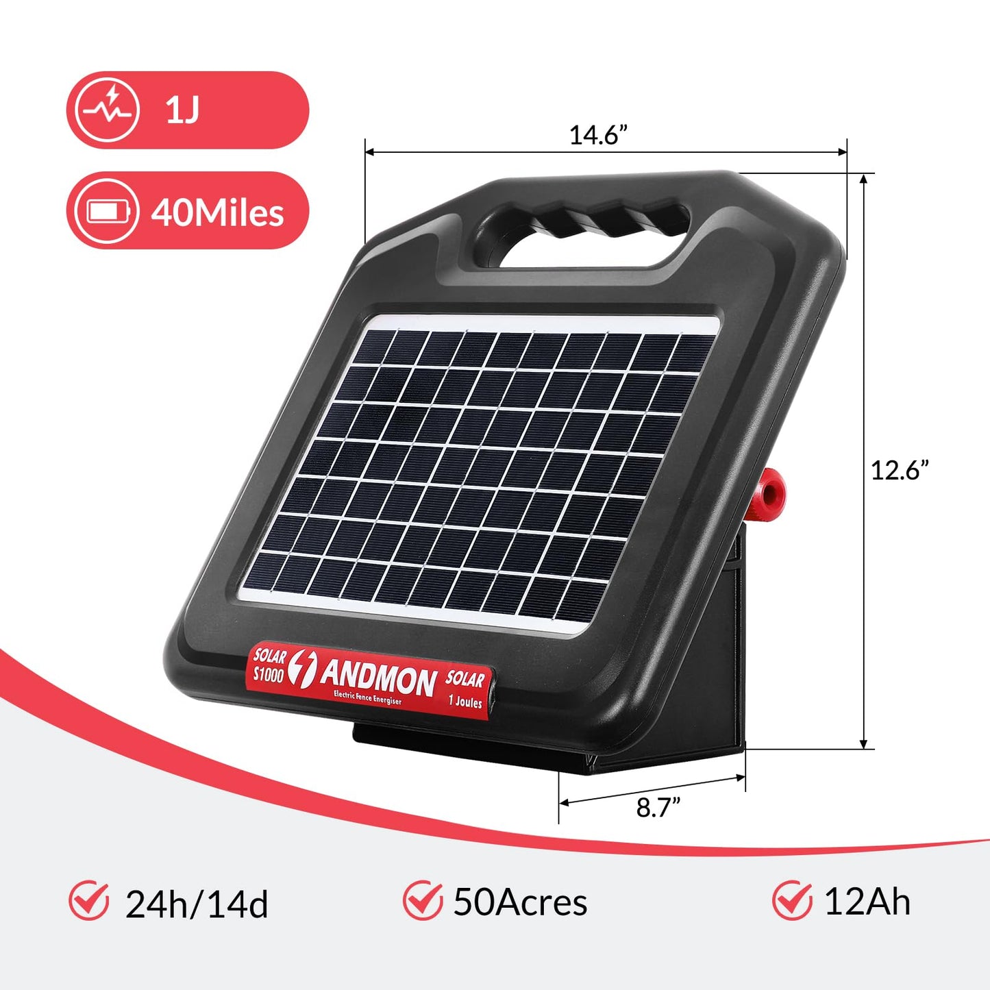 S1000 1 Joule Solar Fence Charger, 40 Miles Solar Electric Fence Charger for Livestock, Horses, Cattle Sheep, Portable and Super Tough