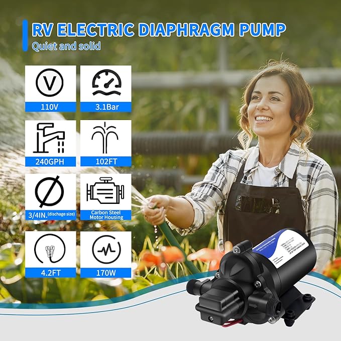 110V RV Fresh Water Transfer Pump for garden Hose Pool Draining Irrigation Diaphragm Pump 4.0GPM 45PSI Water Pressure Booster Pump On Demand Diaphragm Washdown Pump