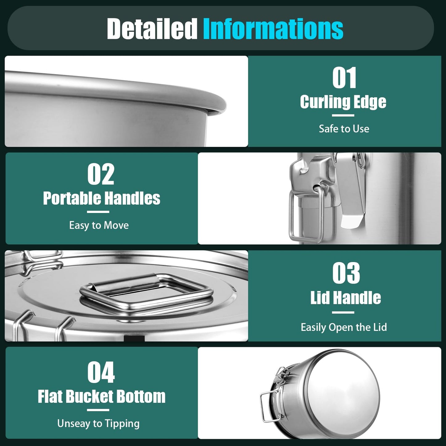 304 Stainless Steel Airtight Canister for Home, Rice Cereal Grain Canisters Container, Metal Kitchen Rice Oil Storage Bucket for Household Kitchen Food w/Handles+Lid (Silver-12L)