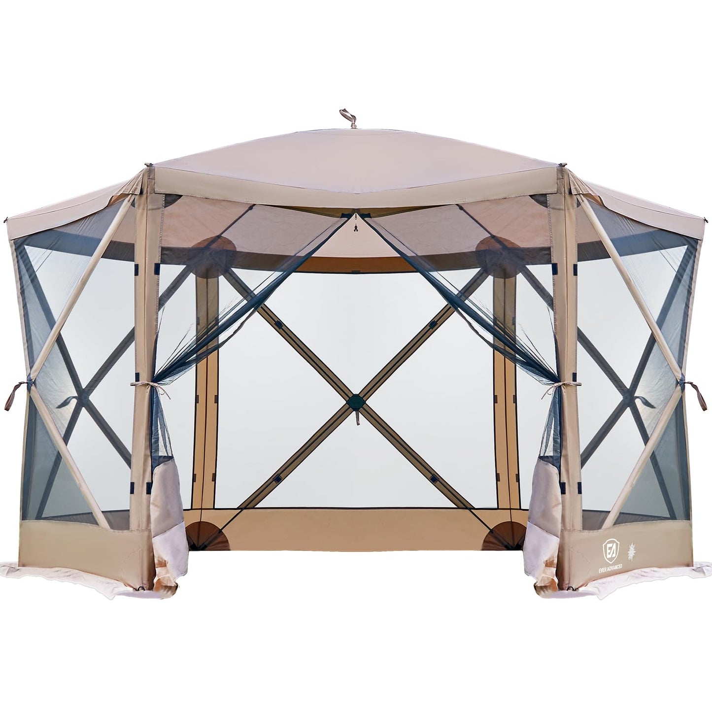 EVER ADVANCED Pop Up Gazebo Screen House Tent for Camping 11.5 ft for 8-10 Person Instant Canopy Shelter with Netting Portable for Outdoor, Backyard, Brown