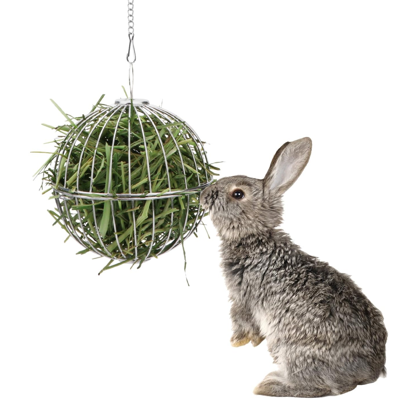 Rabbit Hay Ball Stainless Steel Hanging Feed Dispenser for Bunny Hamster Guinea Pig Rat Chinchilla (A: 5.11inch, Silver)