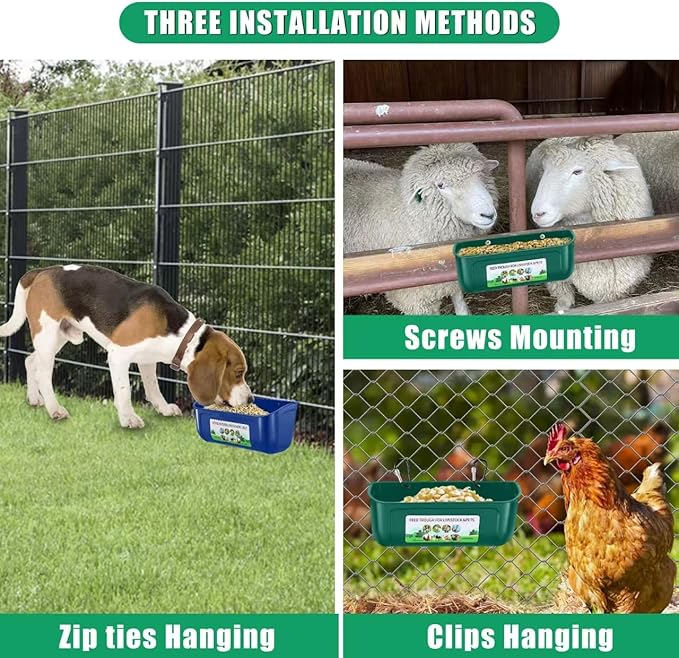 Chicken Feeder Waterer, 3 Pack Duck Feeder Supplies, Hanging Fence Feed Trough with Clips for Goat, Sheeple, Piglet, Gooses, Turkeys, Dog Livestock Poultry,Green
