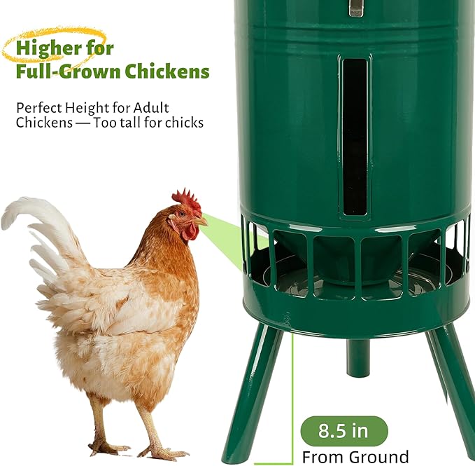 KOL Metal Chicken Feeder No Waste - 50lbs Poultry Feeder with 16 Ports, Powder Coated Rust-Proof Design & Smooth Edges for Safe Feeding (Green)