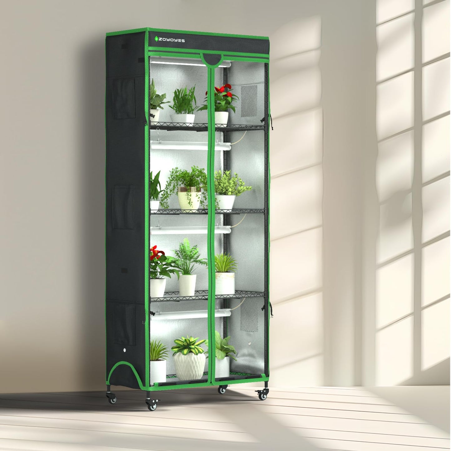 ZOYOYES Indoor Greenhouse with Grow Light,35.8" Lx17.8 Wx71.8 H,5-Layer Plant Shelf with 3-Color T8 Growth Lights,Plant Stand with Smart Timing Plug and thermohygrometer