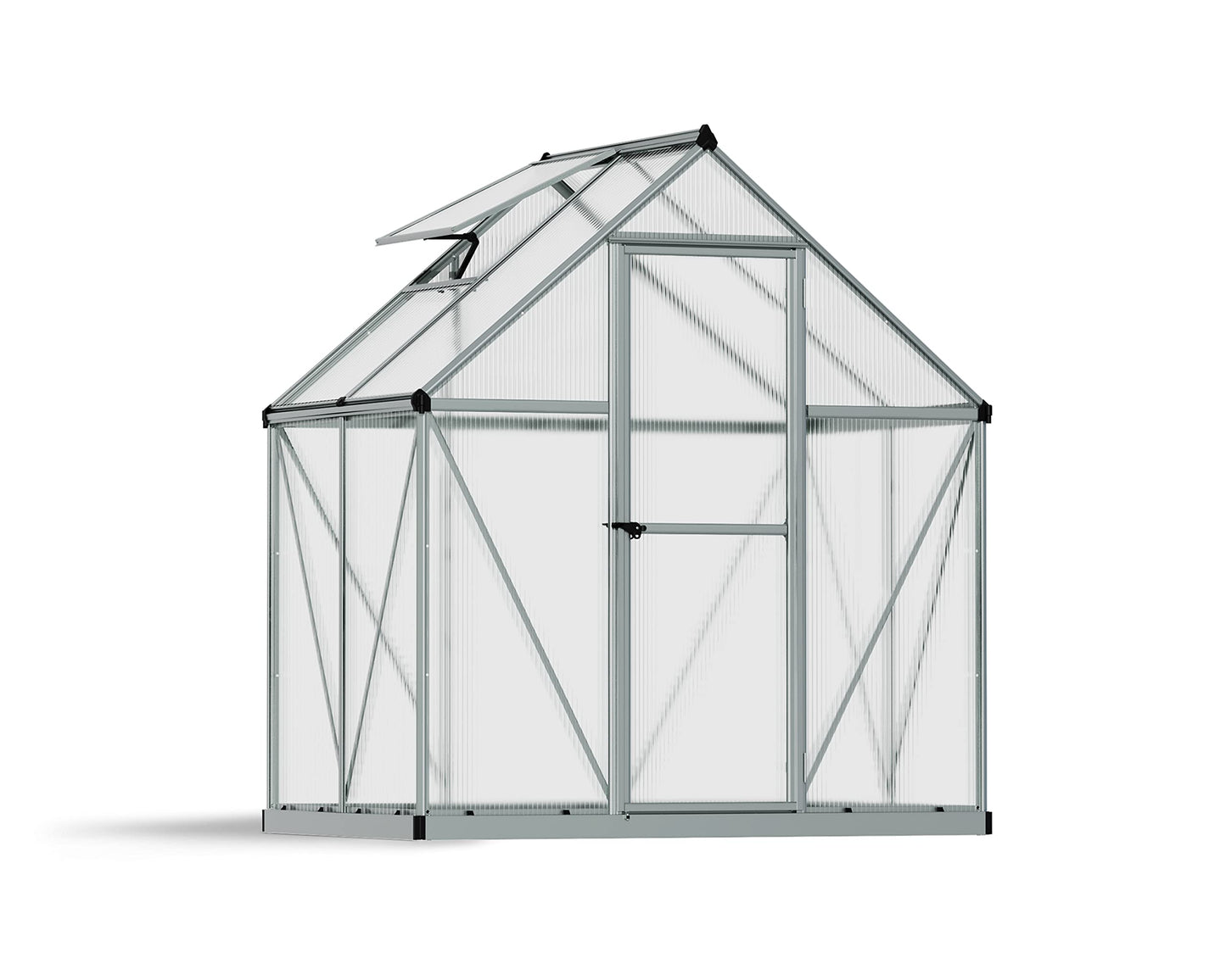 Canopia 6x4 Greenhouse Kit, Hobby Walk-In Twin-Wall UV Polycarbonate Heavy Duty Aluminum Frame, Lockable Door, Adjustable Roof Vent, Rain Gutters, Galvanized Steel Base, Canopia Mythos (Silver)