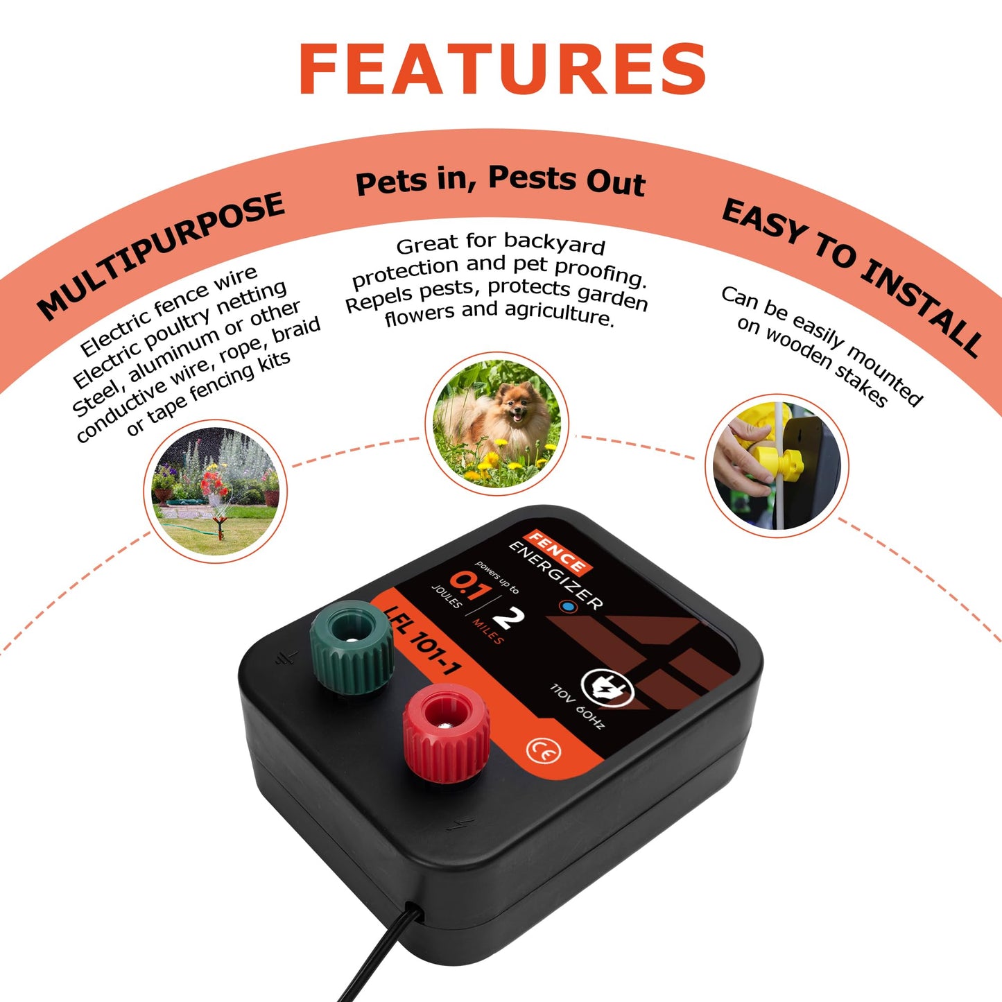 Electric Fence Charger, 2 Mile 8 Acres Electric Fence Energizer, 0.1 Joule Ac Powered Output Voltage 5100v, for Preventing Wild Animals Intruding Great for Poultry, Pets and Gardens