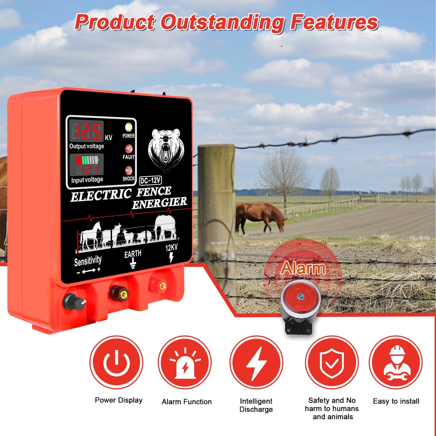 9J Electric Fence Charger Energizer, 9 Joules 20 Miles, AC DC 2 in 1 Powered Supply, Input 12V Output 12KV, with Display Alarm and Remote, Deter Predators, Contain Cattle Cow and Livestock