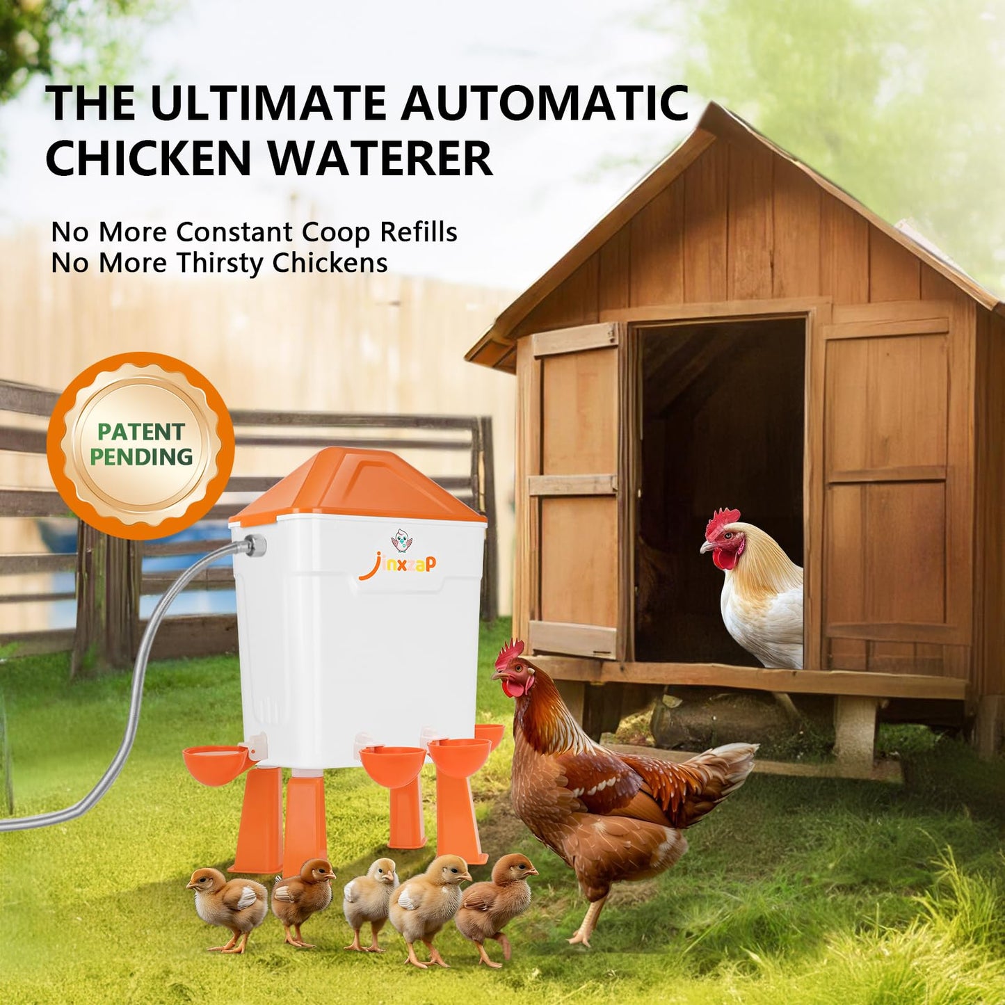 JinxZap 3 Gal Automatic Chicken Waterer with Float Valve, Automatic Chicken Watering System with 60-Inch Hose (One End 3/4''), Large Waterer for Chicken Duck Quail Turkey