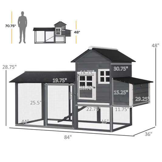 PawHut 84" Wooden Chicken Coop, Hen House Outdoor with Run Nesting Box, Asphalt Roof, Removable Tray, Ramp, Poultry Cage for 2-3 Chickens, Gray