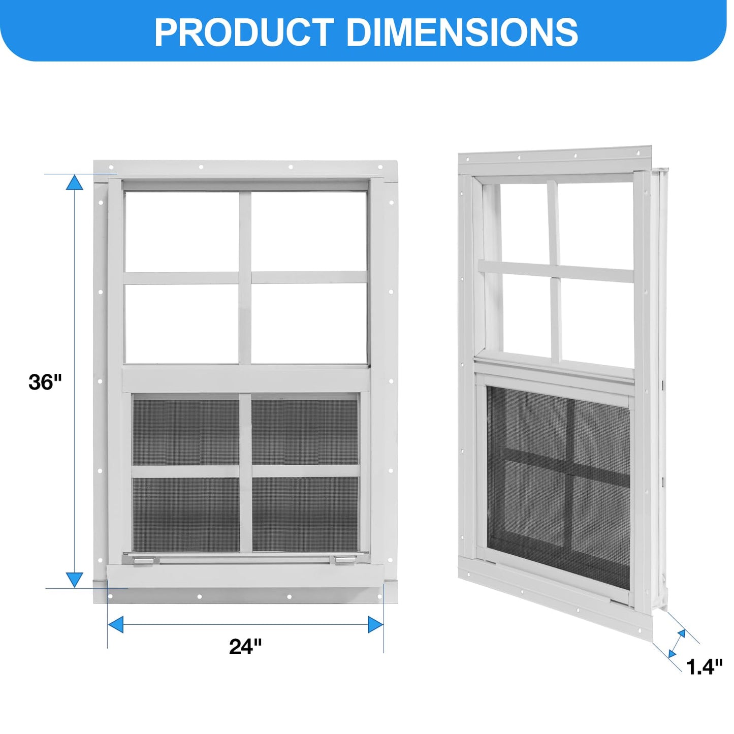 NeatiEase Upgraded Shed Windows 2 Pack, 24" x 36" Windows with Tempered Glass and Stainless Steel Screen for Shed, Chicken Coop, Playhouse, Household, Garage(White)