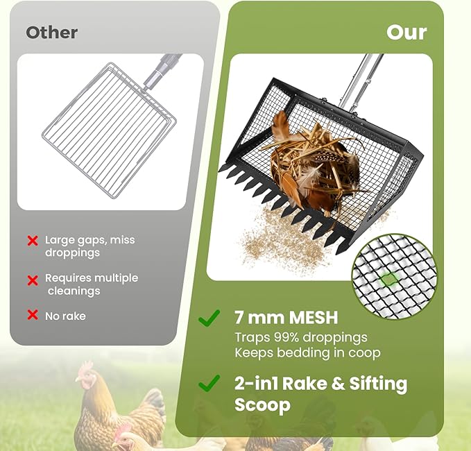 Chicken Poop Scooper for Sand, 75.2" Extra Long Chicken Coop Rake, Stainless Steel Handle Adjustable Coop Accessories 2-in-1 with 10" Large Metal Shovel Head for Poultry Dog Cat Litter