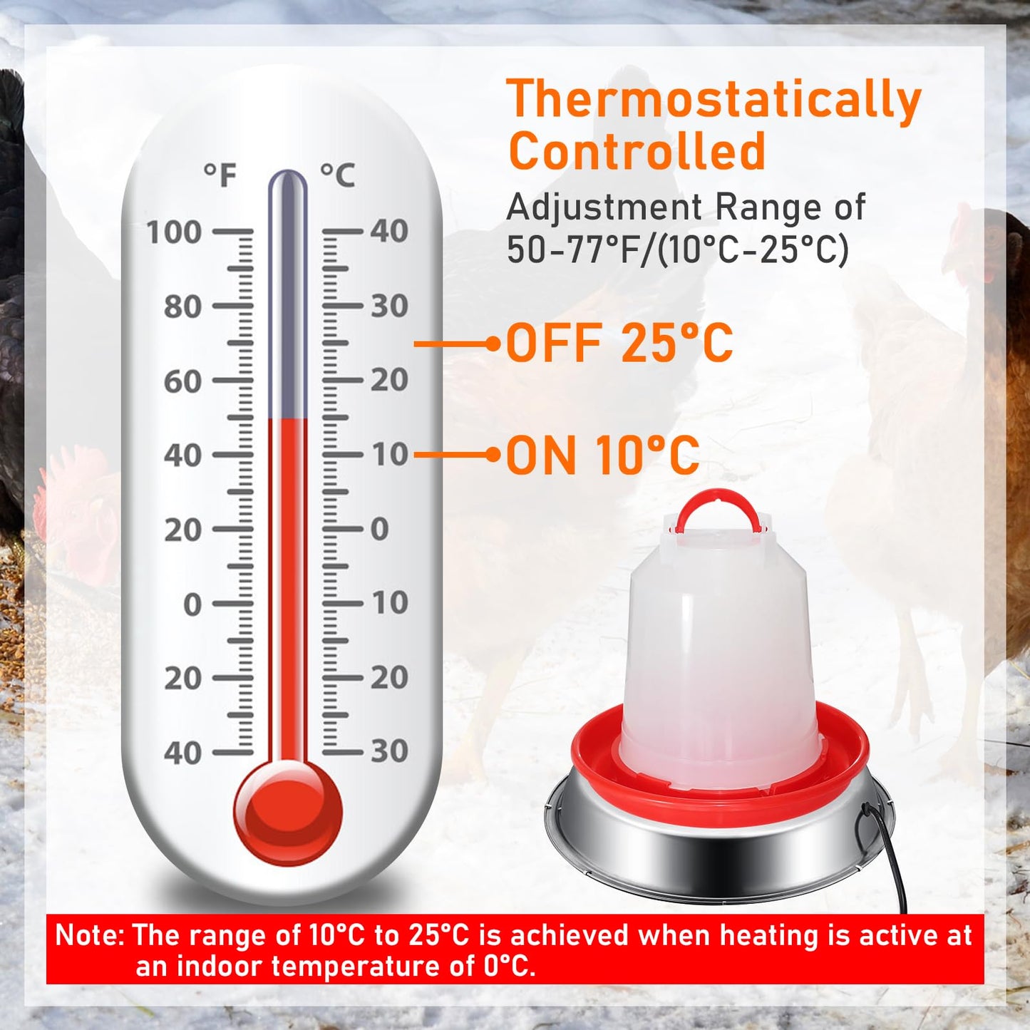 12 Inch Chicken Water Heater Base, 5 Gallons Poultry Drinker Heater Base with Thermostat and Power Cord, Automatic Electric Poultry Winter Deicer Heated Base for Plastic/Metal Chicken Waterer