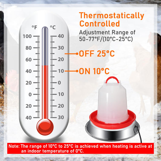 12 Inch Chicken Water Heater Base, 5 Gallons Poultry Drinker Heater Base with Thermostat and Power Cord, Automatic Electric Poultry Winter Deicer Heated Base for Plastic/Metal Chicken Waterer